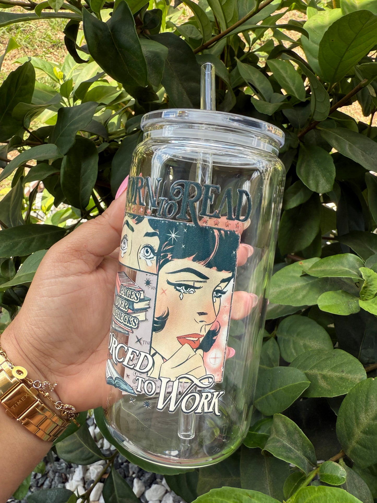 Born to read, forced to work | 18oz Glass Cup