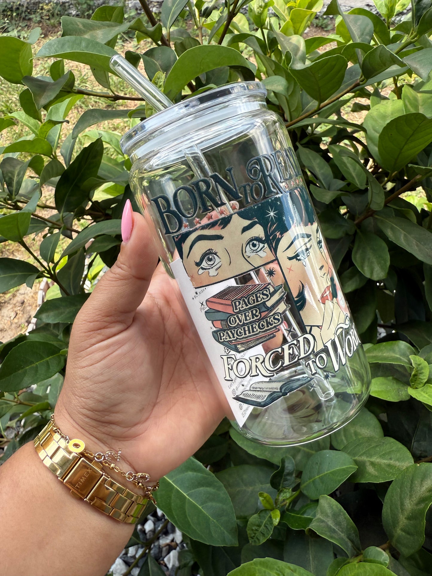 Born to read, forced to work | 18oz Glass Cup