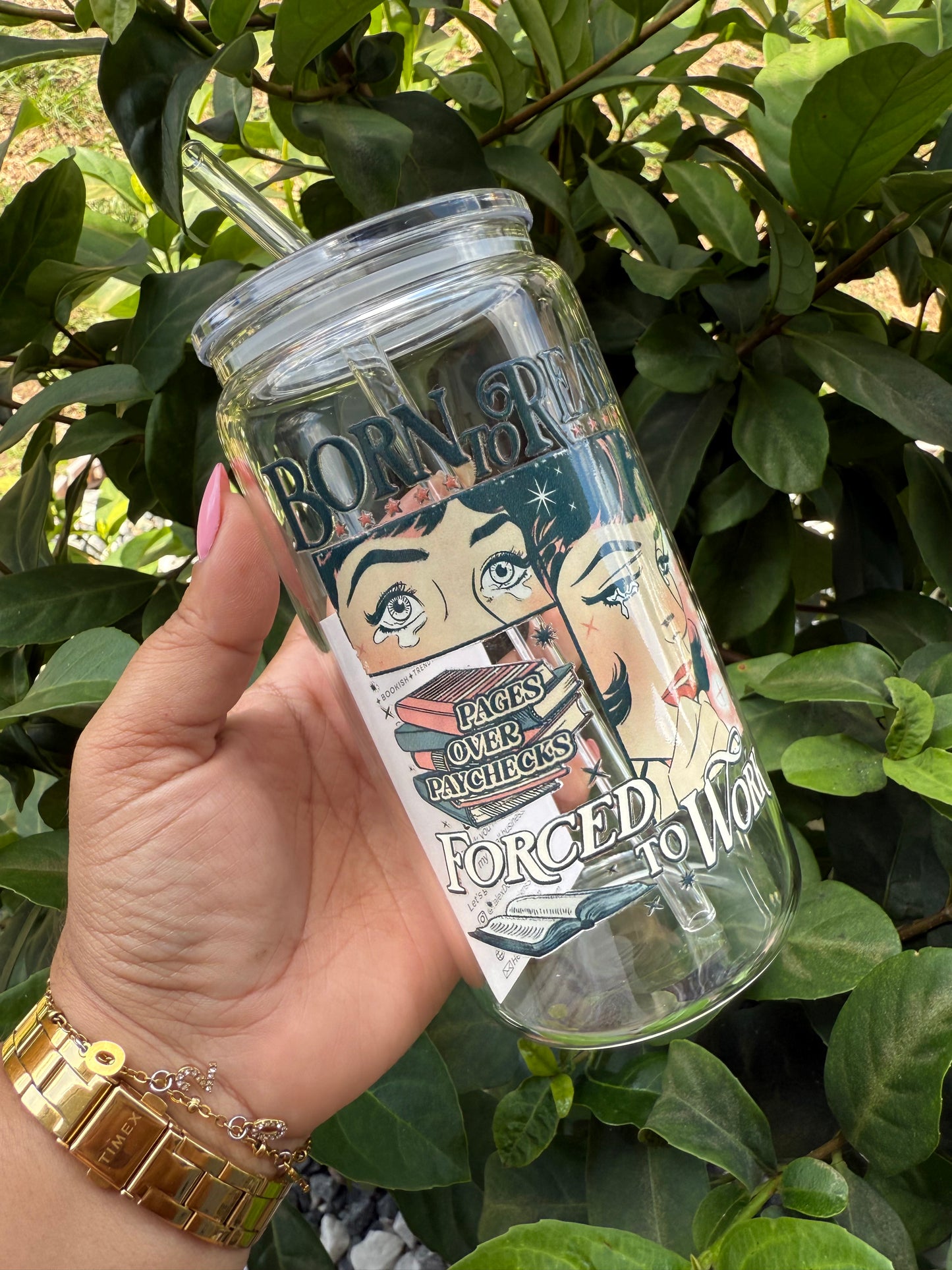 Born to read, forced to work | 18oz Glass Cup